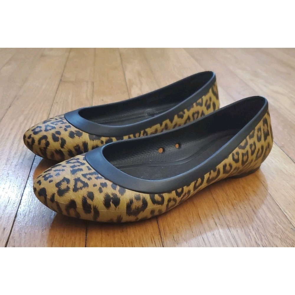Womens Size 6 CROCS Iconic Comfort Lina Ballet Flats Shoes Gold Black Leopard